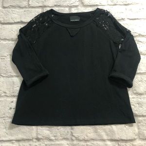 Cynthia Rowley Sweatshirt Black Lace Shoulders 3/4 Rolled Sleeves Size Medium
